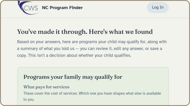 The results screen, showing the heading 'Programs your family may qualify for' and the line 'This isn't a decision about whether your child qualifies.'