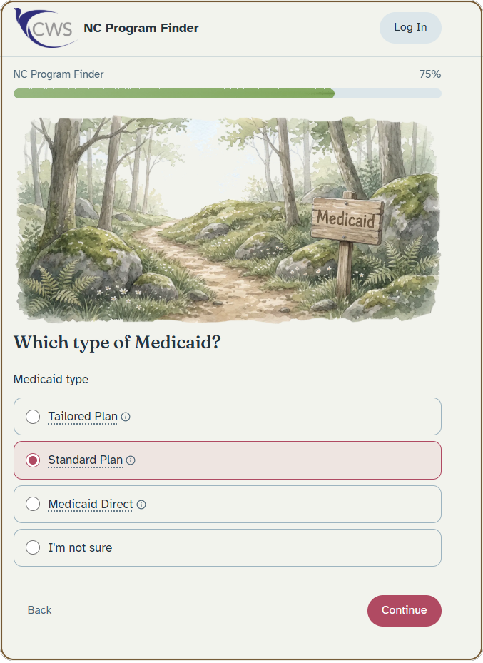 The tool asking which type of Medicaid the family has: Tailored Plan, Standard Plan, Medicaid Direct, or 'I'm not sure'.